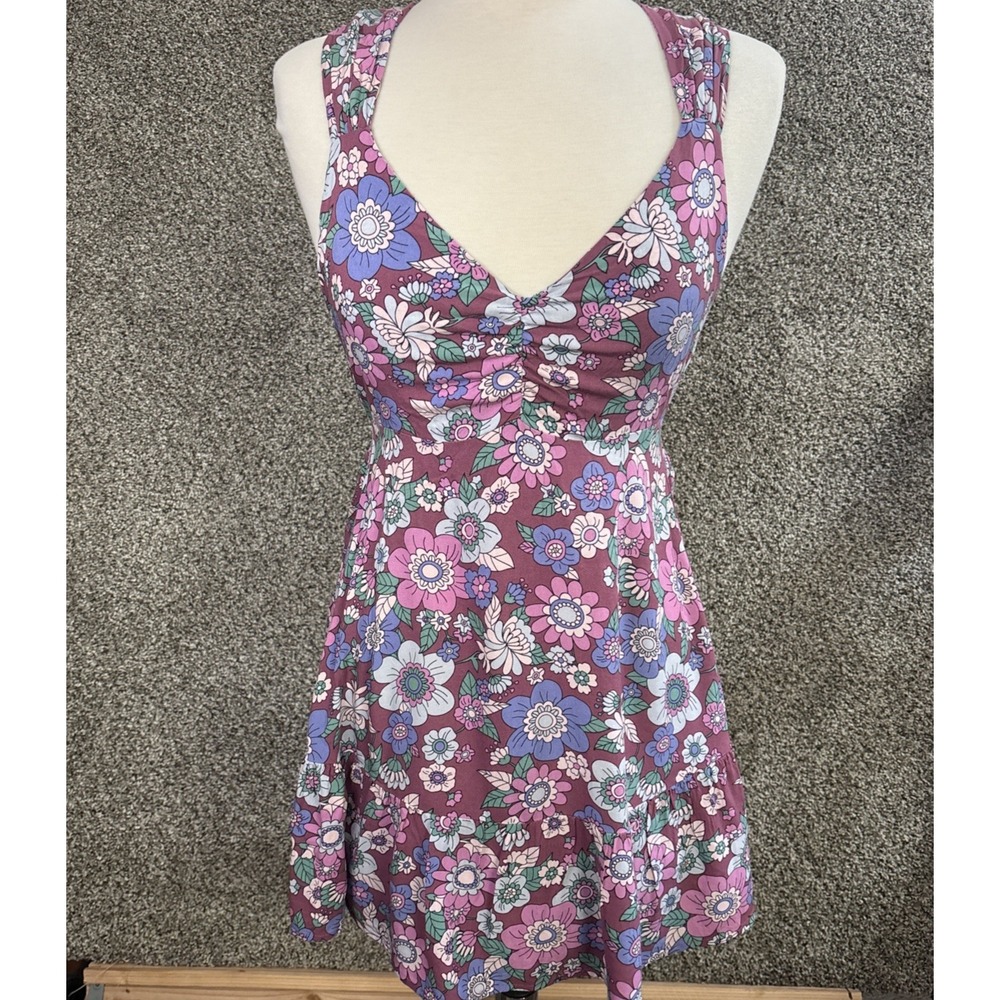 Stitch & Pine Y2K Floral Open Back Dress Women M Ruffle Tiered Boho Pink Blue
